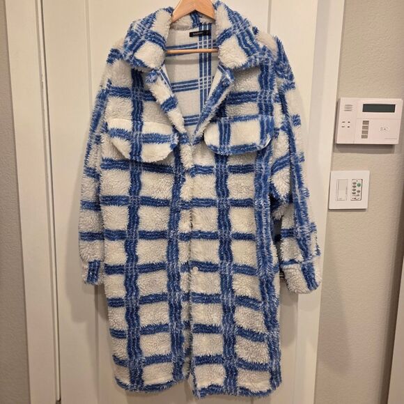 Boohoo Oversized Check Wool Look Coat Blue & White Sherpa Size 2 - Picture 2 of 8